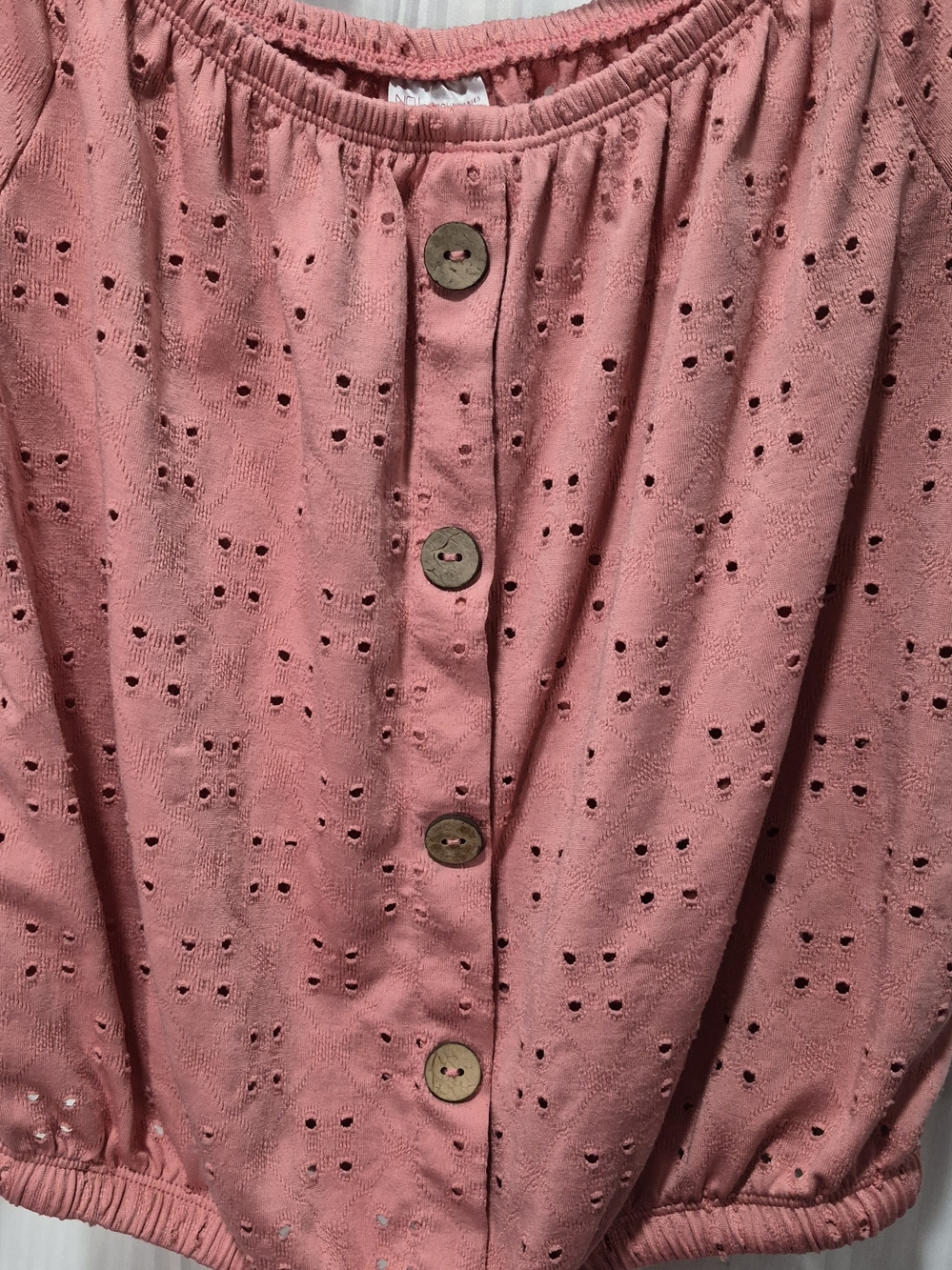 Pink Eyelet Button-Front Blouse with Drawstring Hem Size Small - Picture 3 of 7